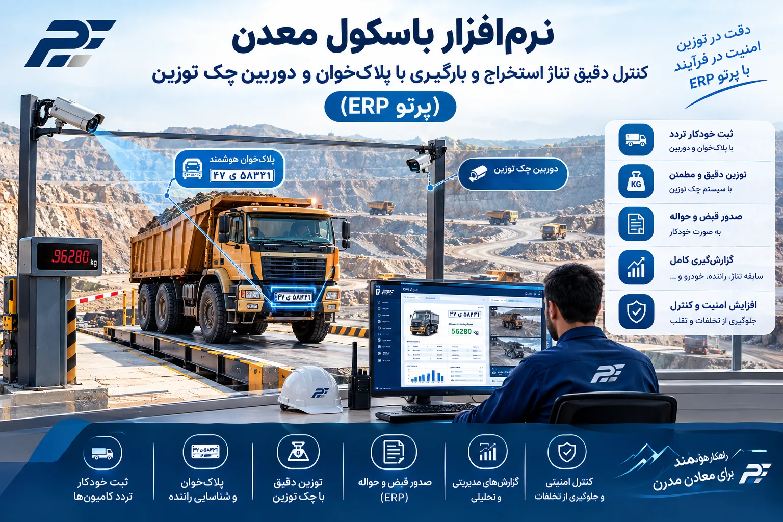 نرم‌افزار باسکول معدن | کنترل دقیق تناژ استخراج و بارگیری با پلاک‌خوان و دوربین چک توزین (پرتو ERP)