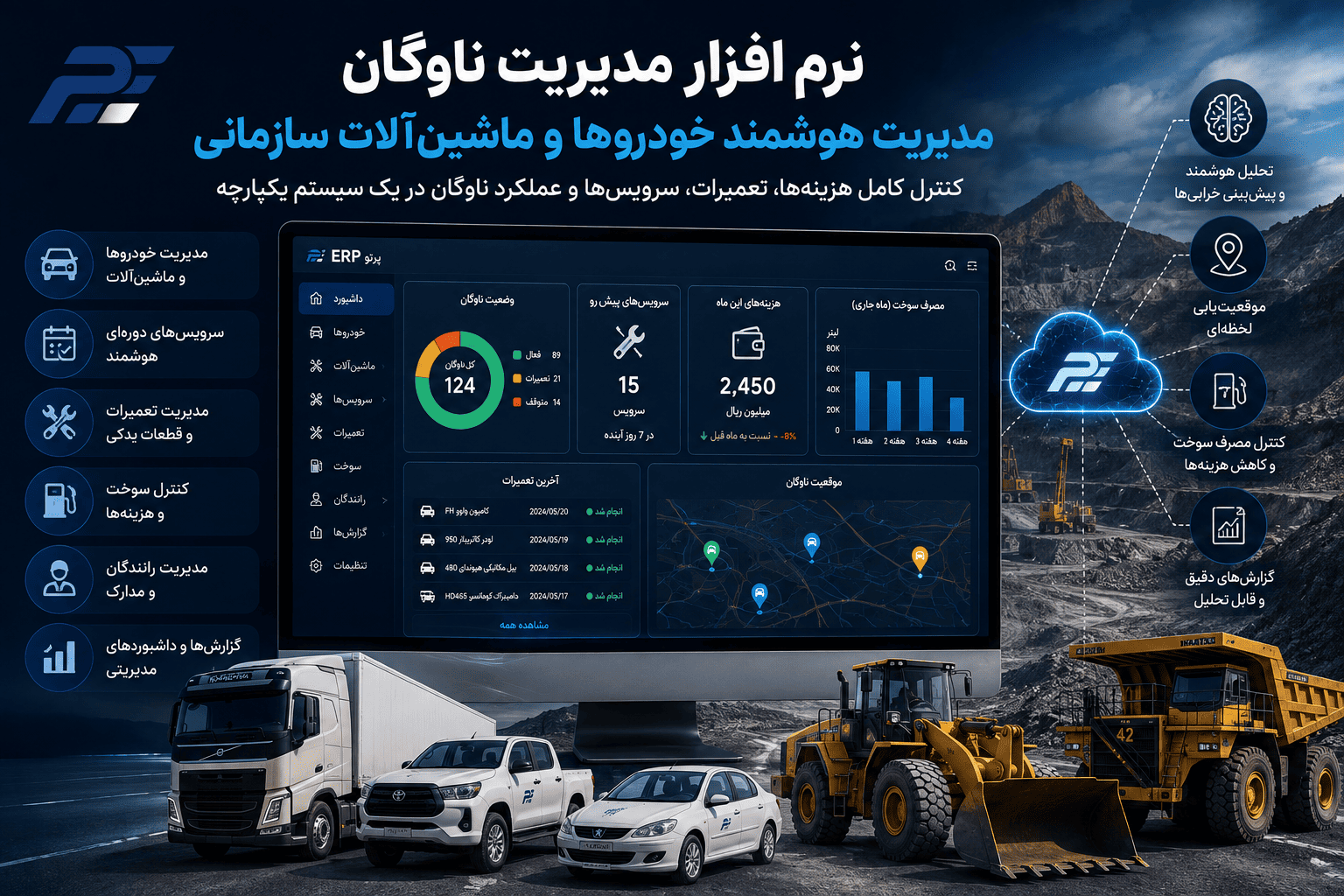 نرم افزار مدیریت ناوگان چیست؟ راهکار هوشمند مدیریت خودروها و ماشین‌آلات سازمانی با ERP پرتو